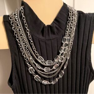 7 strand crystal and silver metal statement necklace